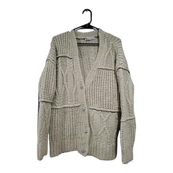 Zara Women's Patchwork Chunky Knit Open Front Cardigan Sweater Light Gre… - Picture 1 of 12